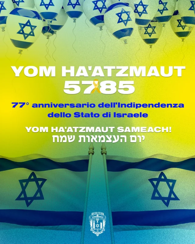 Dopo aver onorato con il silenzio i soldati israeliani caduti e le vittime del terrorismo, ci uniamo con rinnovata speranza ai festeggiamenti per Yom Ha'Atzmaut, il 77° anniversario dell'Indipendenza di Israele. Questa data è un faro per le comunità ebraiche di tutto il mondo, un momento di orgoglio e di unità. 
Il nostro pensiero in questo giorno di festa va con forza agli ostaggi rapiti il 7 ottobre. Non li dimentichiamo🎗
Buon 77° compleanno Israele! 🇮🇱 𝐘𝐨𝐦 𝐇𝐚'𝐀𝐭𝐳𝐦𝐚𝐮𝐭 𝐒𝐚𝐦𝐞𝐚𝐜𝐡! 🇮🇱

#yomhaatzmaut #israel77 #israele #israel #romaebraica #comunitaebraicadiroma